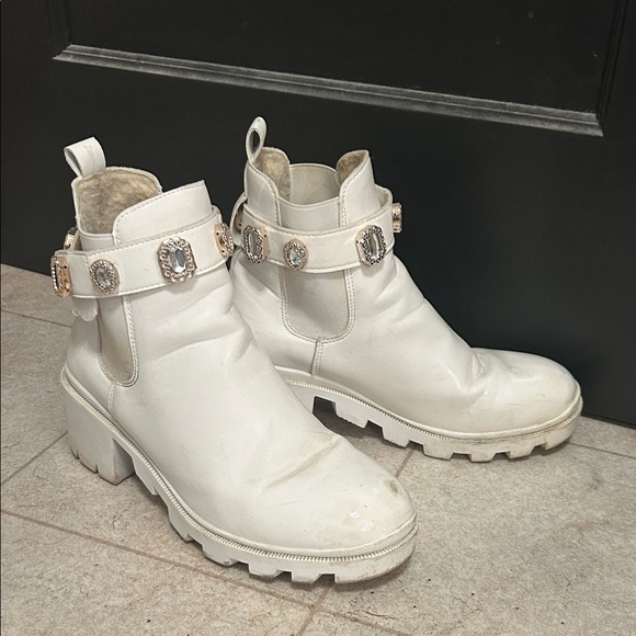 Shoes - White Ankle Boots with Embellished Straps
